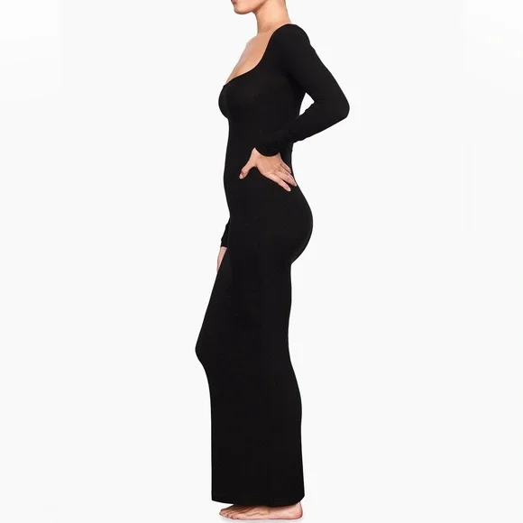 NWT Skims Soft Lounge Long Sleeve Dress Onyx Black Maxi Stretch Ribbed Bodycon L - Picture 2 of 10